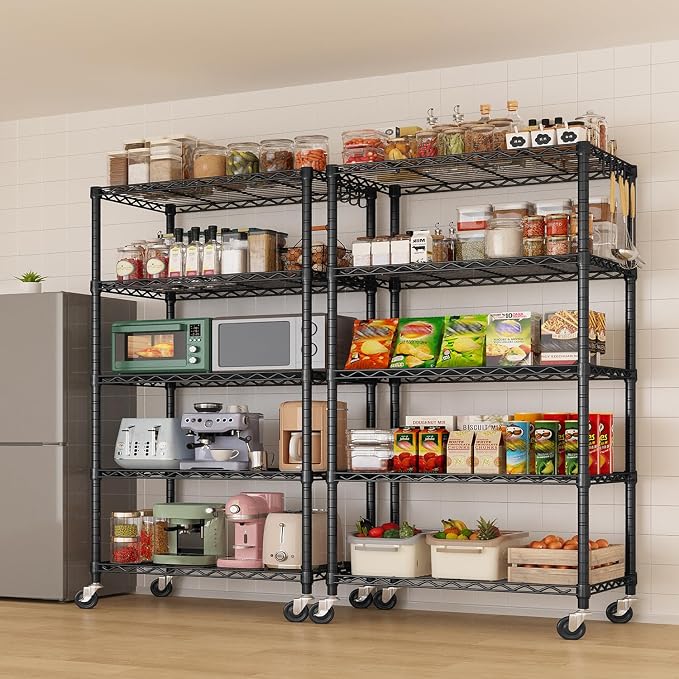 Wire Storage Shelves with Wheels: 5 Tier Adjustable Metal Shelving Unit, Heavy Duty Bakers Rack Rolling Pantry Shelf Organizer for Closet, Kitchen, Laundry 24" W x 18" D x 75" H, Black, 4PCS