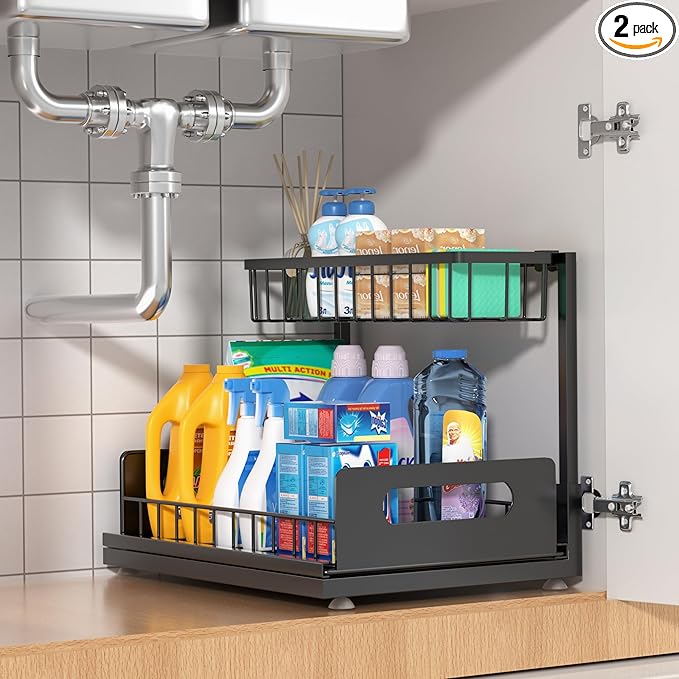 Under Sink Organizer 2 Tier, Pull Out Drawer Slides Under Sink Storage for Bathroom Kitchen,Multi-Purpose Drawer Under Cabinet Organizer for Cleaning Supplies (Black, 1 Pack)