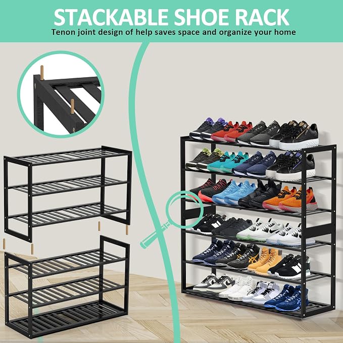 Jripae 3 Tier 32.5inch Long Bamboo Shoe Rack for Entryway Closet Garage | 3 Tier Stackable Shoe Shelf Holder for Men/Women Hallway/Berdroom, Bookshelf, Flower Rack, Home Space Saving