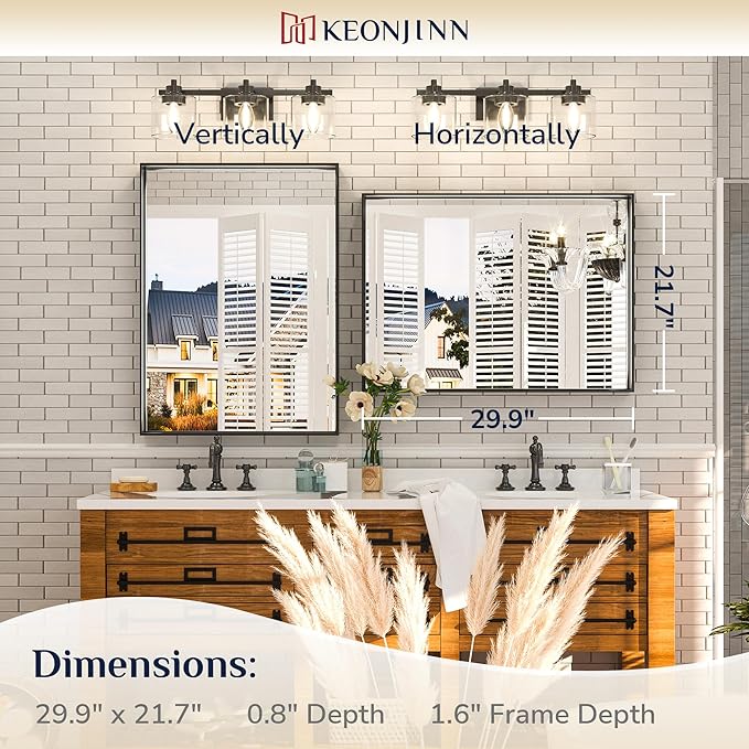 Keonjinn Black Bathroom Mirror 22 x 30 Inch, Brushed Black Framed Mirror for Over Sink, Rectangle Wall Vanity Mirrors with Square Corner, Alumium Frame, Modern Farmhouse Style