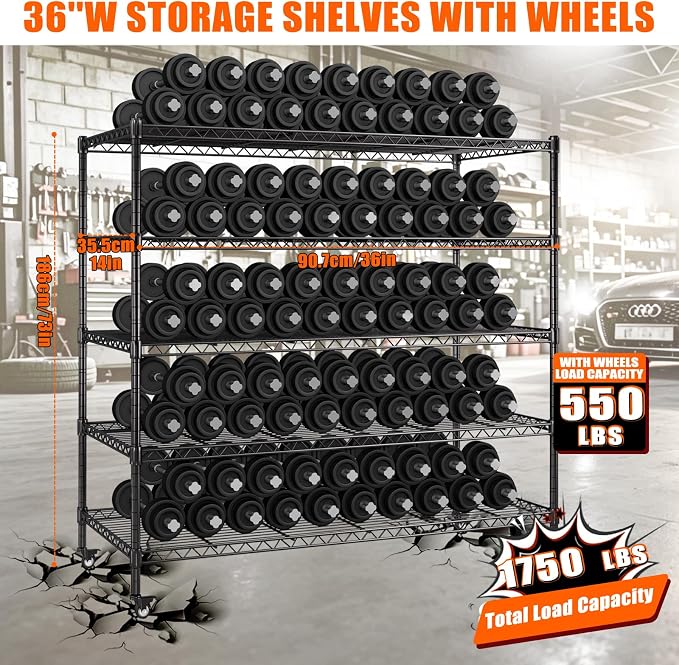 AIRAJ 36”W Storage Shelves with Wheels,5 Tier Wire Shelving,1750 LBS Metal Shelving Adjustable Layer Height,Garage Shelving Units for Kitchen,Pantry and Warehouse,Rolling Wire Rack,36”W×14”D×73”H