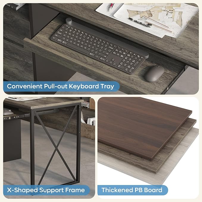Bestier Office Desk with Drawers, 55 inch Industrial Computer Desk with Storage, Wood Teacher Desk with Keyboard Tray & File Drawer for Home Office, Dark Gray Oak