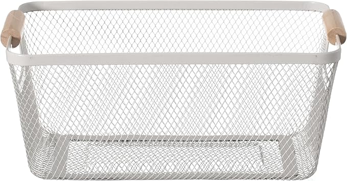 Basicwise Multipurpose Metal Mesh Basket w/Wooden Handle Storage Organizer for Kitchen Pantry Bathroom Cabinet Closet Countertop Fruit Holder Picnic Food and Beverages Carrier and Home Decor, Medium