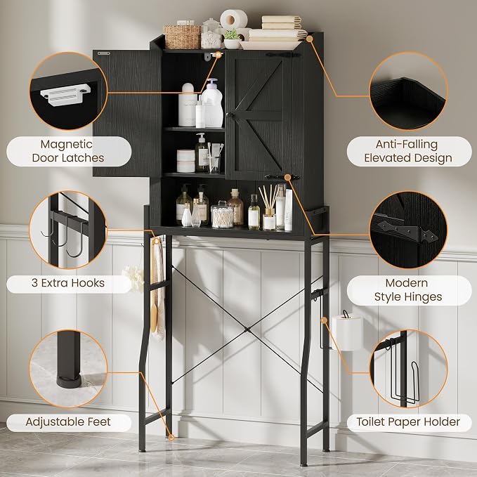 Memobarco Over The Toilet Storage Cabinet with 2-Door & Metal Stand, Black | Toilet Paper Holder, 3 Extra Hooks, Anti-Tipping Device, With Adjustable Shelves, for Bathroom, Restroom, Laundry