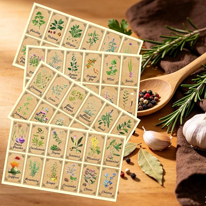 96 Pcs Herb and Spice Jar Labels, Vintage Apothecary Label, Plant Stickers for Herb Spice Cabinet Organization, 1.4 x 2.4 Inch