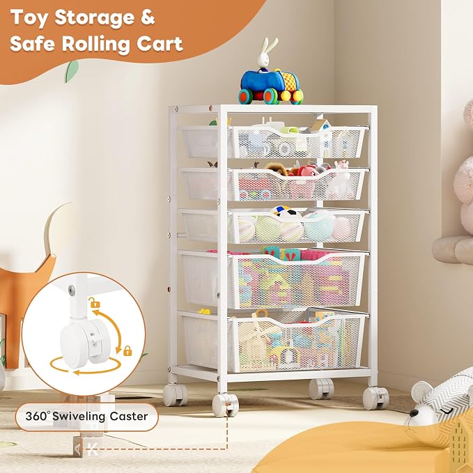 Hongtamoya Rolling Storage Cart with 5 Drawers, Metal Utility Cart with Lockable Wheels, Craft Storage Art Cart, Rolling Drawer Cart for Living Room, Bedroom, Bathroom, Office, Home, White