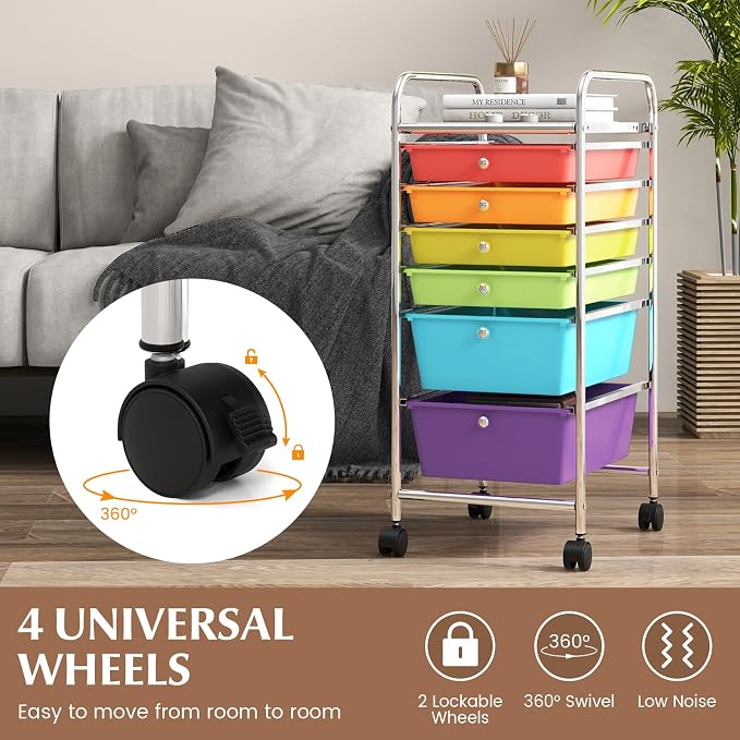 GOFLAME 6-Drawer Rolling Storage Cart, Multifunctional Art Craft Organizer Cart, Mobile Utility Storage Cart with Removable Drawers & Lockable Wheels, Craft Cart for Home Office, School, Multicolored