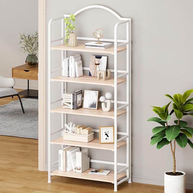 Folding Bookshelf 5 Tiers, No Assembly,Vintage Storage Rack Shelves,White | Vintage Bookcase Multifunctional Plant Flower Stand, Storage Shelves Organizer for Home Office,Living Room,Dorm