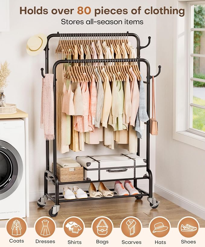 Homde Sturdy Garment Rack for Bedroom: 265 lbs Heavy Duty Clothes Organizer | 2 Hanging Rods Hold Coat to T-Shirt - Easy Roll & Park on Wheels - Metal Frame Stays Solid & Stable at Full Load
