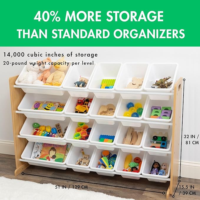 Humble Crew Toy Storage Organizer with 20 Removable Storage Bins for Kids Playroom, 4-Tier Toddler Toy Organization and Storage, Natural/White