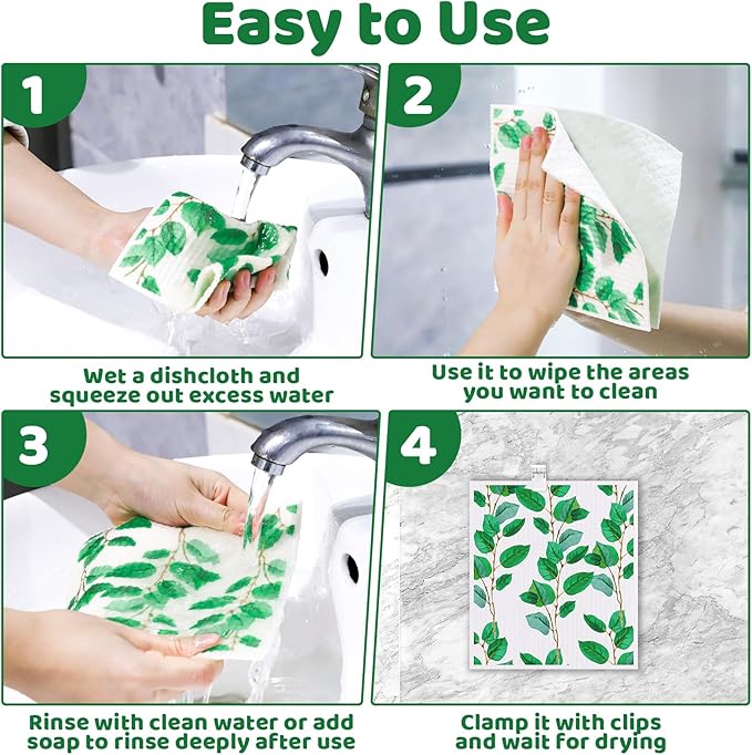 Needbrock 6 Pack Swedish Dishcloths for Kitchen, Swedish Rags Absorbent Green Leaf Dish Cloths with Adhesive Clips, Reusable Paper Towels No Odor for Countertop Dishes Cleaning