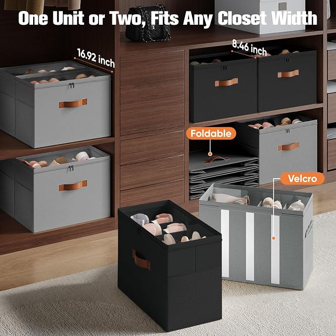 2 Pack Shoe Organizer for Closet,Foldable Shoe Storage Organizer with Adjustable Dividers, Shoe Storage Box with Clear Cover, Fits up to 16 Pairs,Black & Gray