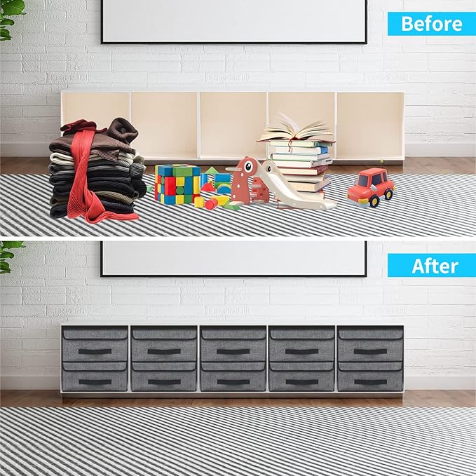 Onlyeasy Foldable Storage Bins Cubes Boxes with Lid - Storage Box Cube Cubby Basket Closet Organizer Pack of Two with Leather Handles for Closet Bedroom, 13"x13", Black, 8MXALB2P