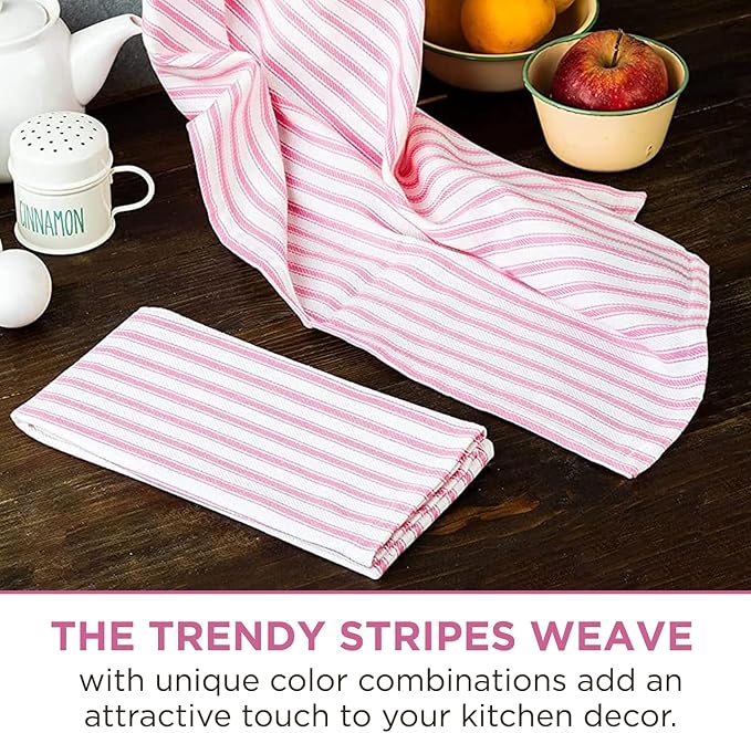 Set of 6 Kitchen Towels, 100% Cotton Dish Towels, with Hanging Loop, Dishcloth Sets for Washing & Drying Dishes, Tea Towels & Hand Towels 18x28, French Stripe, Pink