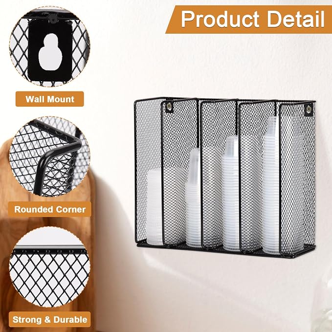 Wall Mount Portion Sauce Cup Lid Organizer 4 Compartments Iron Sauce Cup Dispenser Black Cup and Lid Holder Organizer Fits Cups Size 2 to 4 oz For Kitchen Counter Restaurant Coffee Bar 13x10x3.3 In