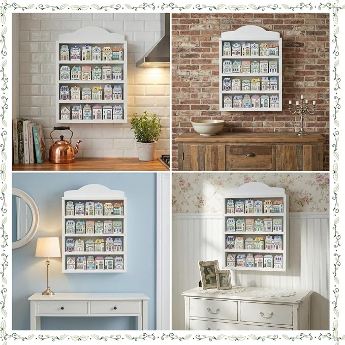 Chunful Vintage Spice Jar Wooden Rack White Elegant Spice Shelf for 24 Jars, Village Style Wall Mounting Kitchen Storage Decorative Hanging Display Rack, Shelf Only
