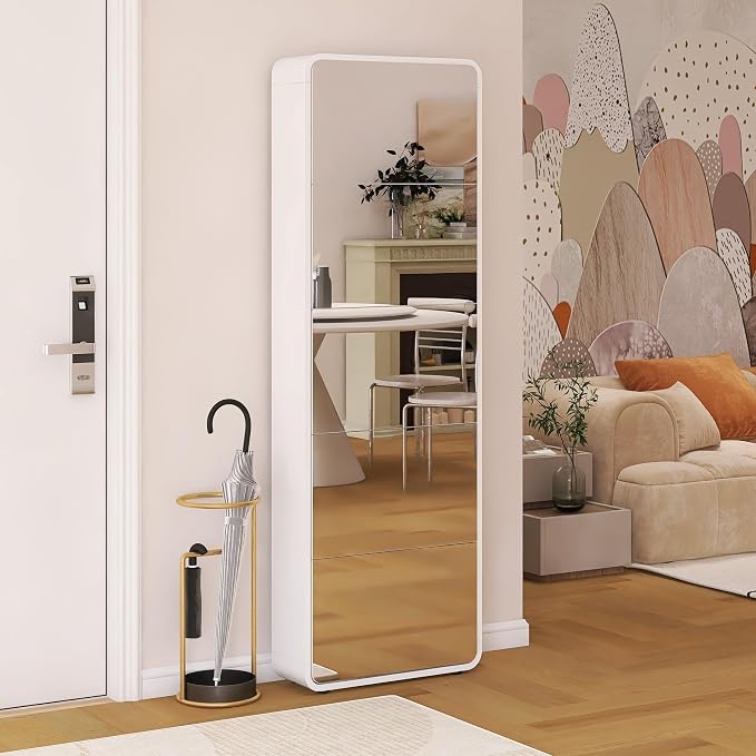 Mirror Shoe Storage Cabinet with 5 Flip Drawers, Freestanding Shoe Rack Cabinet, Narrow Hidden Shoe Organizer for Entryway, White | Real Glass Mirror | Fits Men's Size 15 | Entryway Organizer | Narrow Freestanding | Space-Saving | White