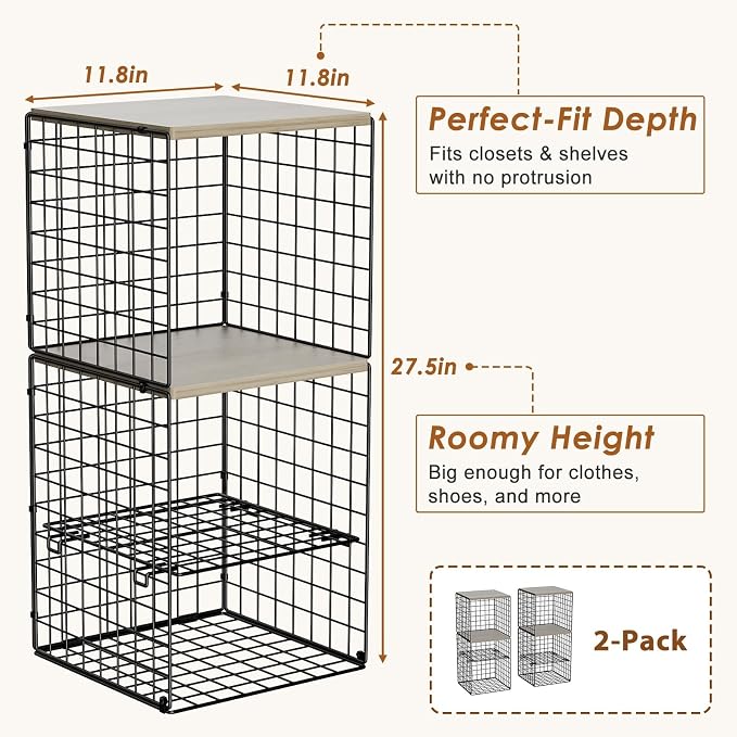 2 Pack Closet Organizer System, Extra Tall & Large Capacity Closet Shelves with Adjustable Dividers, 3-Tier Stackable Storage Bins with Wood Top (Up to 6 Tiers), for Clothes Wardrobe Organization