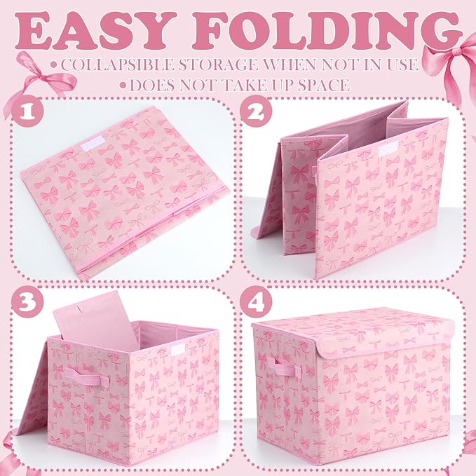 CHENGU 4 Pcs Pink Bow Storage Bin with Lid Large Fabric Pink Foldable Storage Box with Handles Cute Collapsible Cube Organizer Basket for Closet Home Bedroom Nursery Dorm Decor, 15.7 x 11.8 x 11.8''