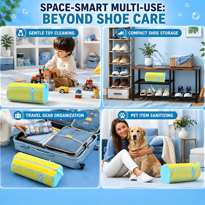 GEWON Shoe Washing Machine Bag for Wash & Dry, 4-in-1 Kit 2 Chenille Sneaker Laundry Bags + 2 Dust Bags, Self-Locking Zipper