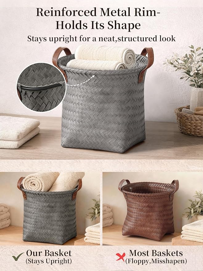 Hand Woven Baskets for Storage, 4Pcs Water-Resistant Wicker Baskets, Grey Wicker Storage Baskets for Shelves, Large Basket with Handle for Organizing, Closet, Laundry, Blanket - Round