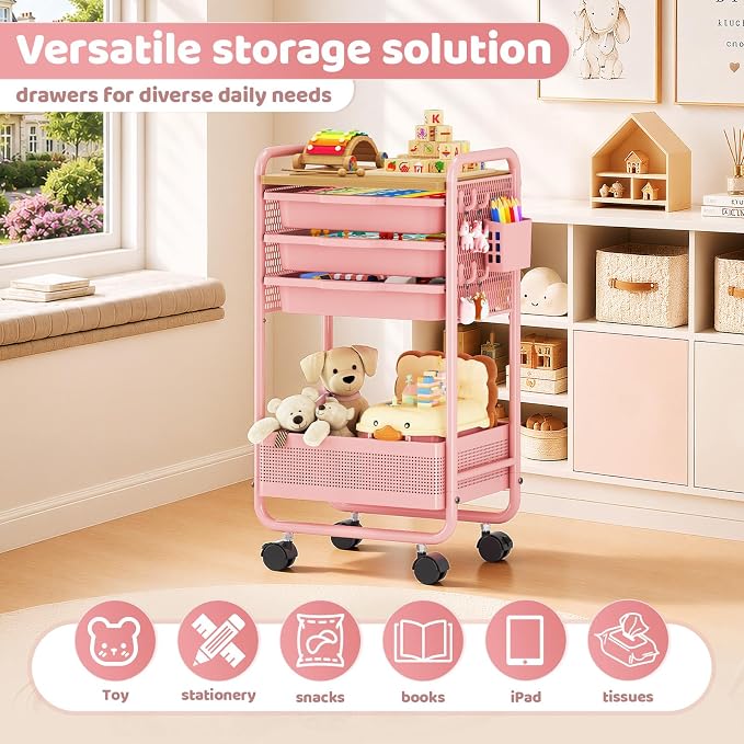 Metal Rolling Storage Cart with 3 Drawers - Utility Cart on Wheels with Pegboard & Wood Tabletop, Multifunctional Trolley Organizer with Hooks & Bin for Living Room,Bedroom,Craft Room,Office,Kids Room