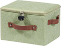 Storage Bins Boxes with Zipper Lid Combination Lock PU Leather Handles Cotton Linen Fabric Lidded Lockable Baskets Foldable Washable Closet Shelf Organizer Container (Light Green, Small)
