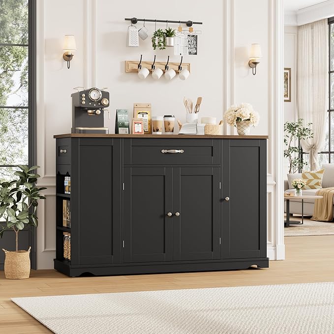 HOSTACK 47" W Kitchen Island Cart with Storage, Rolling Island Table, Black | Mobile Kitchen Storage Islands on Wheels with 2 Drawers, Adjustable Shelves, Movable Buffet Cabinet for Dining room