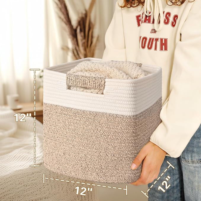 12 Inch Storage Cubes, 3 Pack Cube Storage Bins for Organizing, Cotton Rope Woven Baskets for Shelves, Bathroom, Kids Room, Closets, Baby Nursery