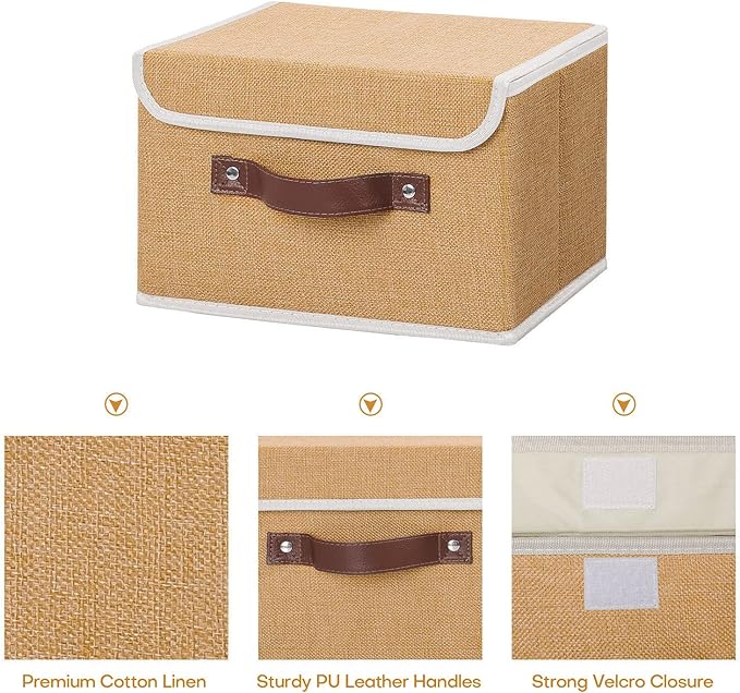 ANMINY 2PCS Storage Bins with Lid PU Leather Handles Storage Boxes PP Plastic Board Decorative Foldable Lidded Cotton Linen Fabric Home Cubes Baskets Closet Organizer Containers - Khaki, Small Size