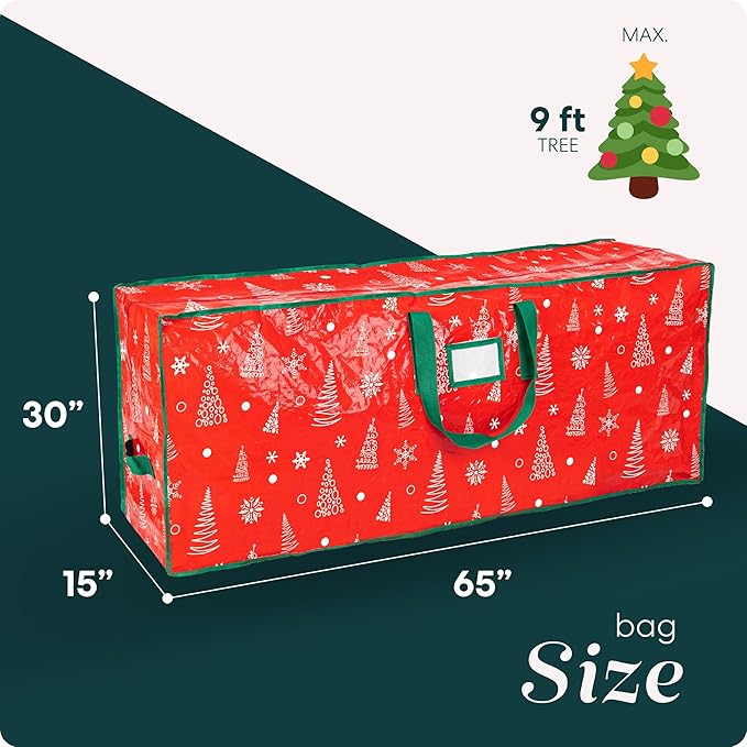 Christmas Tree Storage Bag - Stores 9 Foot Artificial Xmas Holiday Tree, Durable Waterproof Material, Zippered Bag, Carry Handles - Protects Against Dust, Insects and Moisture (Red Printed)