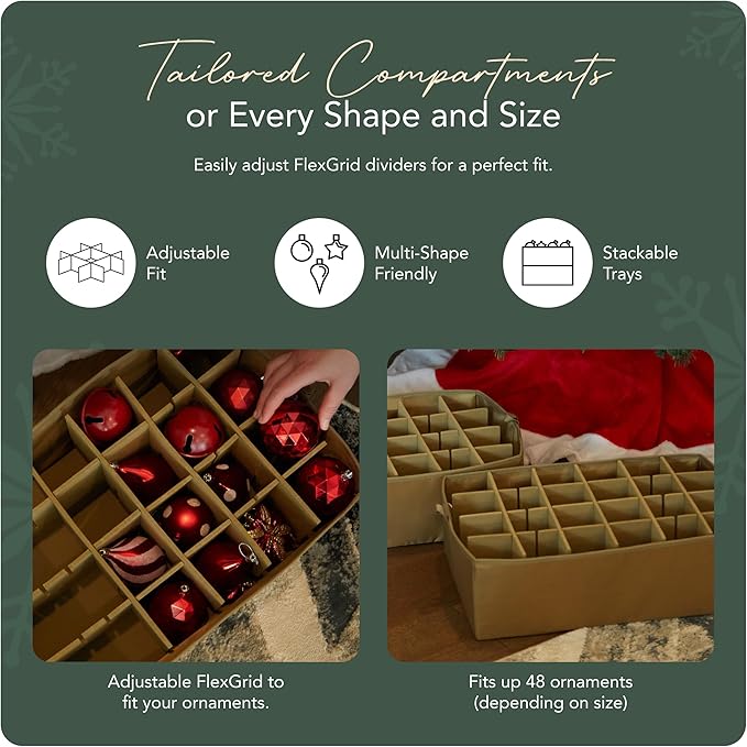 Covermates Keepsakes Adjustable Ornament Storage Bag – Heavy-Duty Polyester, Padded Dividers & FlexGrid Trays – Protective Holiday Ornament Organizer with Handles & Label Window, Green