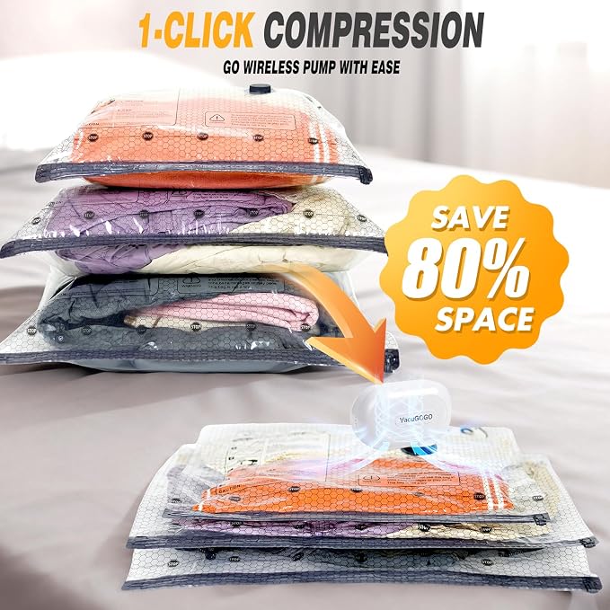 Vacuum Bags for Travel with Rechargeable Pump, 12 Pack Compression Packing Bags with 35KPA Electric Pump, 80% Space Saver for Clothes, Vacuum Seal Bags fo Carry-on Luggage Suitcase