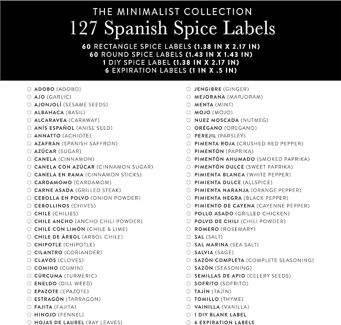 127 Spanish Spice Labels Stickers Preprinted Waterproof, Spice Jar Labels Written in Spanish, Round & Rectangle Seasoning Label for Jars, Pantry Organization, Etiquetas de Especias en Español