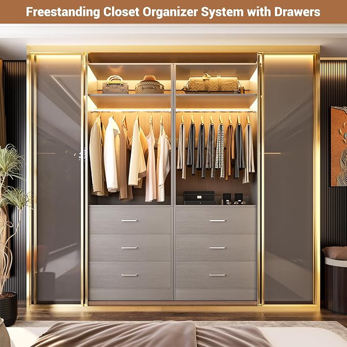 Besiost Freestanding 2FT Closet System with 3 Wood Drawers, 24" Closet Organizer System with Hanging Rod & Shelves, Walk-in Closet Systems for Small Closets, Grey (24"L x 15" W x 80" H)