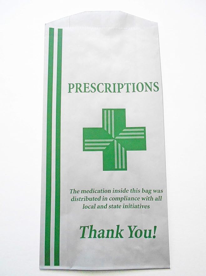Green Health Cross - Dispensary Prescription Bags (10x5x2) Gusseted Paper Pharmacy Bag, Medication Packaging for Drug Stores, Designed with Collectives in Mind - With Compliance Statement (100)