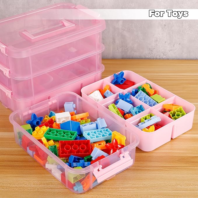 CraftGenes Art Supply Storage Organizer, 4-Tier 10 Qt Box, 2 Trays, Pink | Clear Compartments; Dual Removable Inserts; Carry Handle; Side Latches; Markers, Crayons, Brushes, Jewelry, Accessories