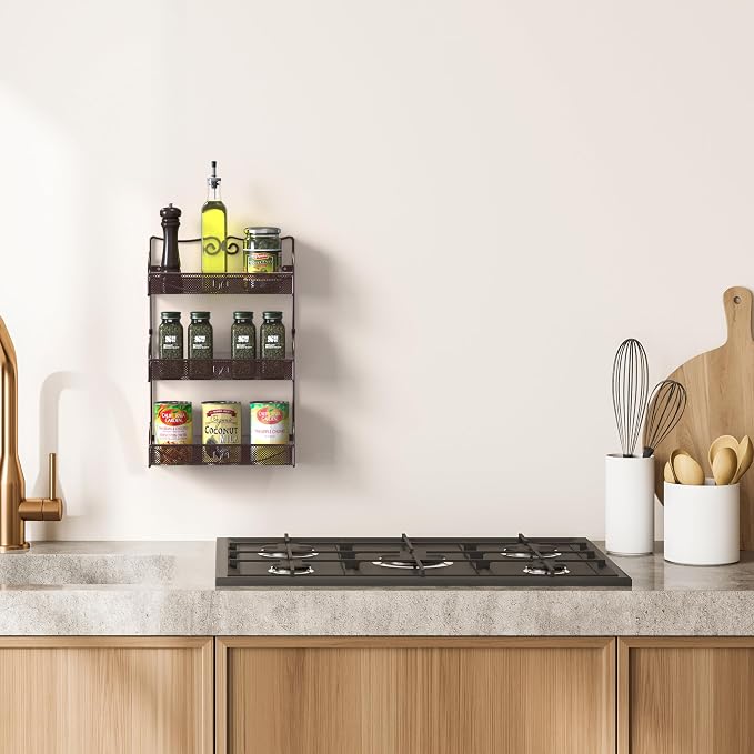 Deco Brothers 3 Tier Wall Mounted Hanging Spice Rack, Bronze
