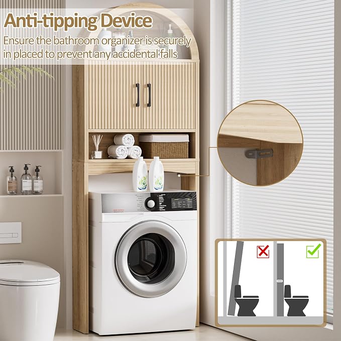 Spurgehom Over The Toilet Storage Cabinet, Bathroom Shelf Organizer Freestanding, Bathroom Arch Cabinet Over Toilet with Toilet Paper Holder and Anti-Tipping Device (Narrow Style-Wood)
