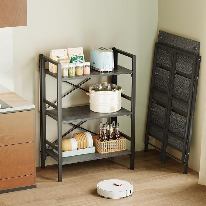 Homeiju Folding Bookshelf No Assembly, 3 Tier Bookcase Foldable Shelf with X-Bracket Design, Adjustable Feet, Space Saving Storage for Living Room, Office
