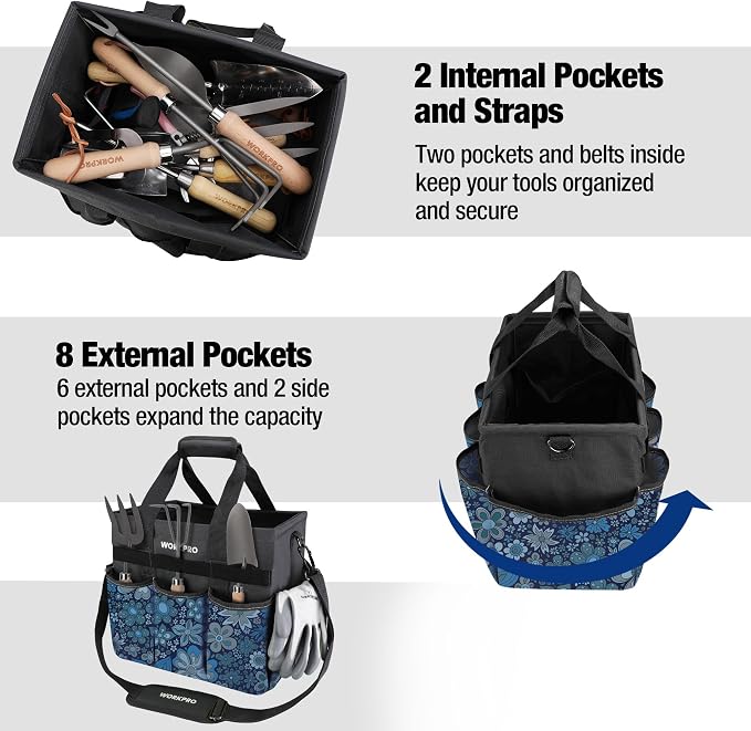 WORKPRO Garden Tool Bag, 10 Pockets and Shoulder Strap, Floral Blue | Heavy Duty Gardening Organizer Tote Bag Standable Garden Home Tool Kits Organizer (Tools are not Included)