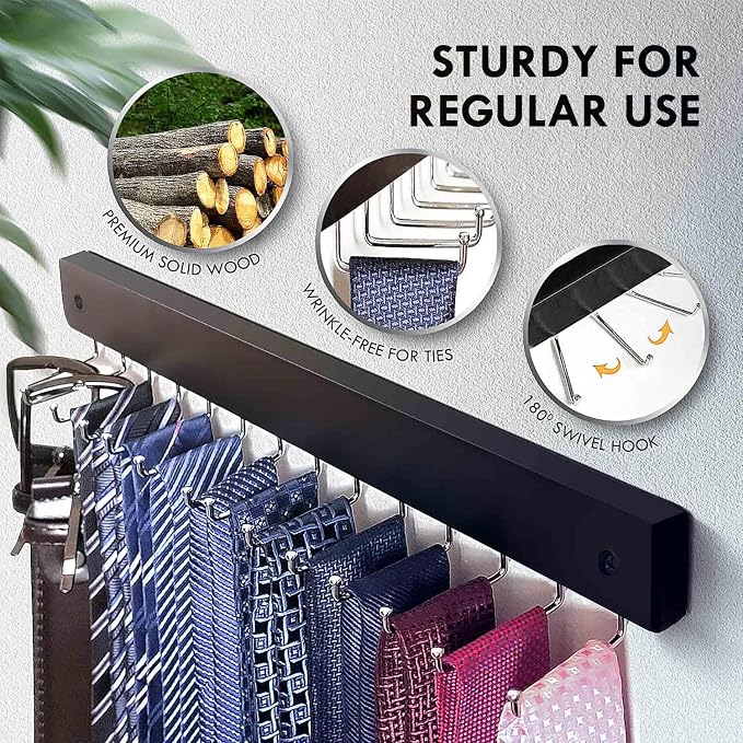 2-Pack Tie Rack Wall Mounted, Wooden Belt Hanger Tie Organizer for Closet with 28 Folding Hooks, Space Saving Tie Holder and Belt Rack for Closet Wall Mount, Black