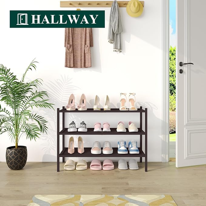 Smiry Bamboo Shoe Rack, 3 Tier Shoe Organizer for Entryway & Closet, Stackable Free Standing Storage Shelf for Shoes, Bags & Plants, Brown