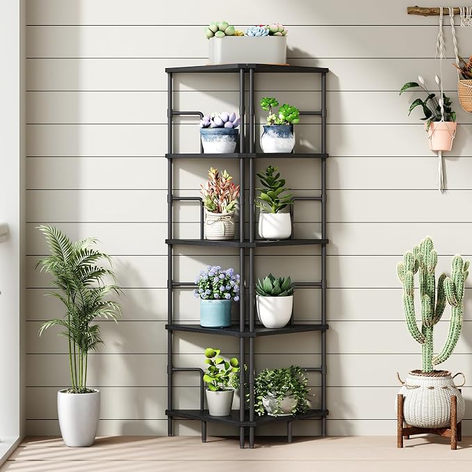 MAHANCRIS 5-Tier Corner Shelf, 52.8" Tall Corner Bookshelf with Metal Frame, Narrow Display Shelf Stand, Industrial Corner Bookcase for Living Room, Bedroom, Home Office, Black CSBK5501