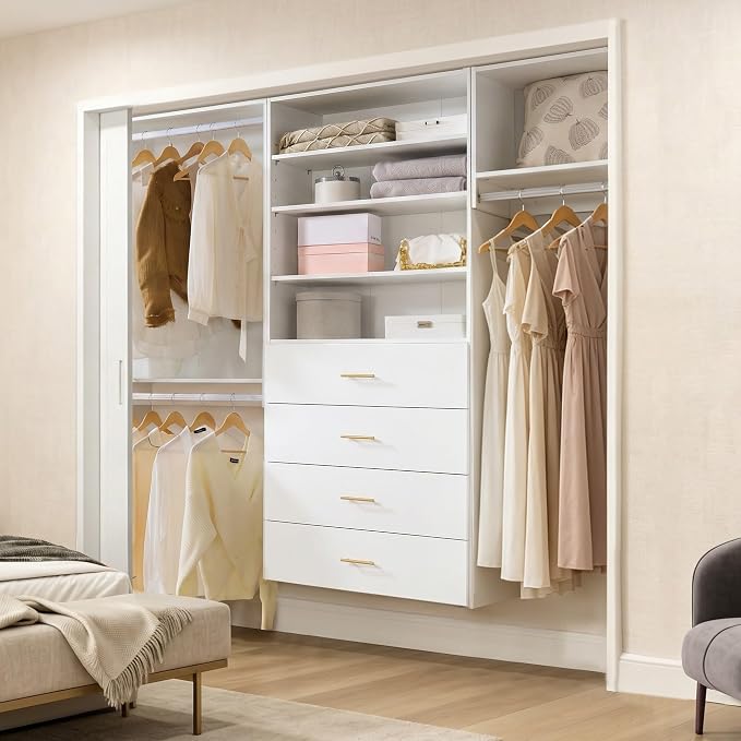 76.5" Modular Closet System, White MDF Walk-In Closet Organizer with Double Hanging Rods, Adjustable Shelves, 4 Drawers, Wall-Mounted Wardrobe Storage for Bedroom and Dressing Room