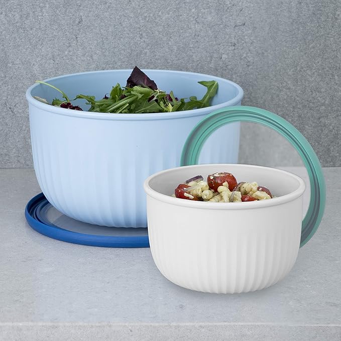 Oggi Prep, Store & Serve Plastic Bowl w/See-Thru Lid- Dishwasher, Microwave & Freezer Safe, (1.4 qt) Blue w/Dk Blue Lid