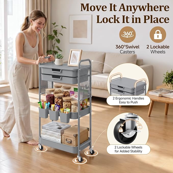 3 Tier Rolling Cart with 2 Drawers, Metal Utility Storage Carts with Wheels | Kitchen Rolling Cart 4.5" Deep Basket, Mesh Side Panel with 3 Cups, 4 Hooks for Office, Bedside, Craft Storage Cart