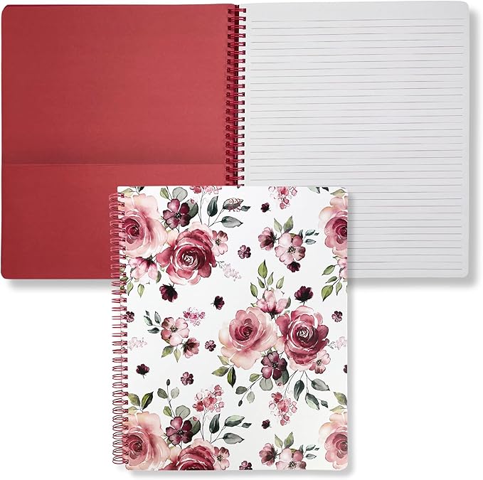 Steel Mill & Co Cute Large Spiral Notebook College Ruled, 11" x 9.5" with Durable Hardcover and 160 Lined Pages, Rose Floral