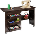 VIVOHOME Folding Sewing Table for Sewing Machine, Sewing Desk with Storage | Rolling Sewing Craft Table with Storage Shelves, Trays, Wheels, Sewing Cabinet with Lift for Small Spaces, Espresso