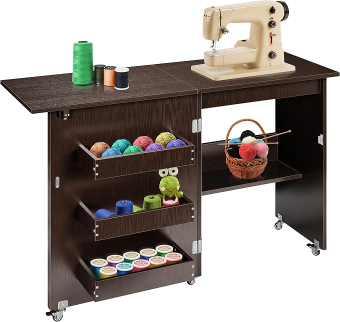 VIVOHOME Folding Sewing Table for Sewing Machine, Sewing Desk with Storage | Rolling Sewing Craft Table with Storage Shelves, Trays, Wheels, Sewing Cabinet with Lift for Small Spaces, Espresso